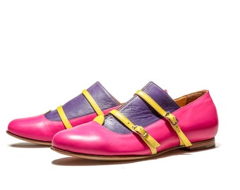 Ballet flats/ Womens Brogues/ Pink leather flats/ Oxford shoes/ Monks/ Women's flats/ Buckle up shoes/ Pink purple / FREE SHIPPING