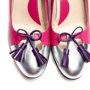 Pink women&#39;s handmade mid heel shoes/ Women&#39;s silver shoes/ Pink leather pumps/ Mid heel wedding shoes/ Tassel shoes/ Comfortable shoes