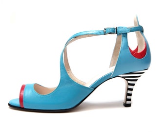 Turquoise blue handmade mid heel open toe sandals, Handmade Leather Kitten heel shoes, Wedding ankle strap sandals, Heels, Summer shoes