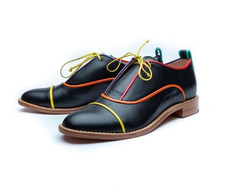 Dames zwarte Oxford schoenen, handgemaakte Oxford & stropdas schoenen voor dames, heren geïnspireerde damesschoenen, zwarte platte schoenen voor dames, perfect passende schoenen