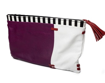 Purple clutch purse/ Gift for her/ Handmade leather purse/ Wedding purse/ White purse/ Wrist purse