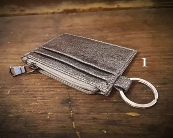 Handmade silver leather card holder wallet, keychain wallet, slim card holder, gift for her, Genuine Leather, Minimalist Wallet