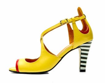 Yellow Strappy high heel sandals/ Women's shoes/ Sexy shoes/ Yellow shoes/ Wedding shoes/ Summer shoes/ Handmade shoes/ Leather shoes