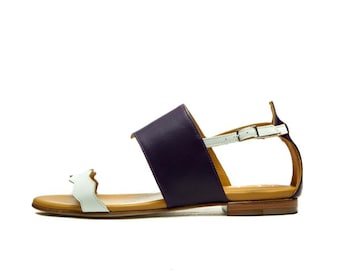 Sandales à lanières en cuir faites à la main/ Sandales violettes et blanches/ sandales à boucle/ sandales élégantes/ sandales confortables/ Chaussures d'été