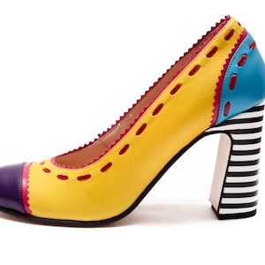 Color block leather handmade leather pumps/ yellow high heels/ Block heels/ Bridesmaids shoes/ Unique Wedding shoes/ Summer shoes