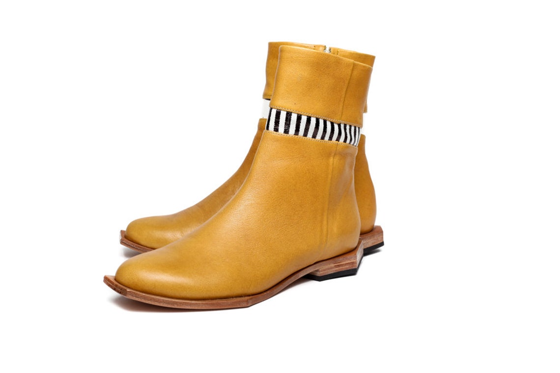 Women's Mustard Yellow Flat Ankle Boots With Asymmetric Etsy UK