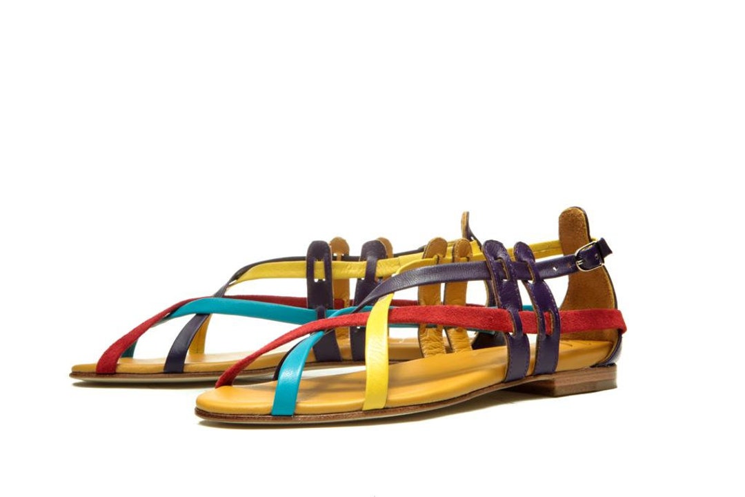 Multicolor Strappy Leather Flat Sandals/ Color Block Greek Etsy