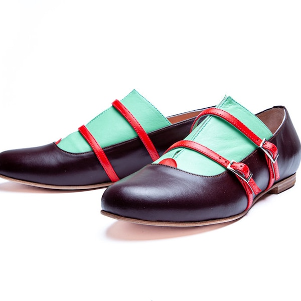 Handmade dark chocolate brown oxford shoes for women, Women's monk shoes, Mint green ballet flats for women