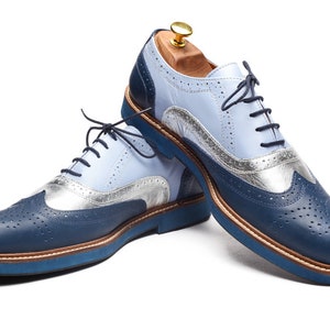 Blue and silver leather Oxford shoes/ Men's oxford shoes/ Custom order oxford shoes/ Navy blue shoes/ Tie shoes/ Casual shoes