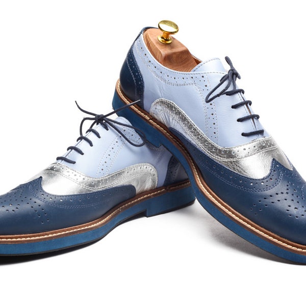 Blaue und silberne Leder Oxford Schuhe / Herren Oxford Schuhe / Custom Order Oxford Schuhe / Marineblaue Schuhe / Krawatte Schuhe / Freizeitschuhe