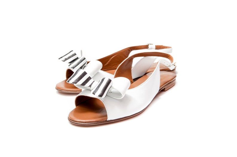 White Leather Slingback Flat Sandals/ Handmade Open Toe Bow - Etsy