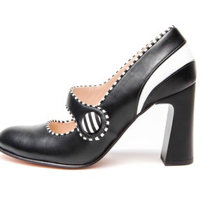 Black Mary Jane leather handmade high heel pumps, Mary Jane shoes, Unique block heel shoes, Black Court shoes, Office shoes,