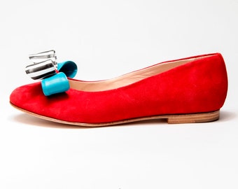 Red leather ballet flats with double bow/ Handmade Slip on shoes/ Weeding flats/ Bow bridal flats/ Boho shoes