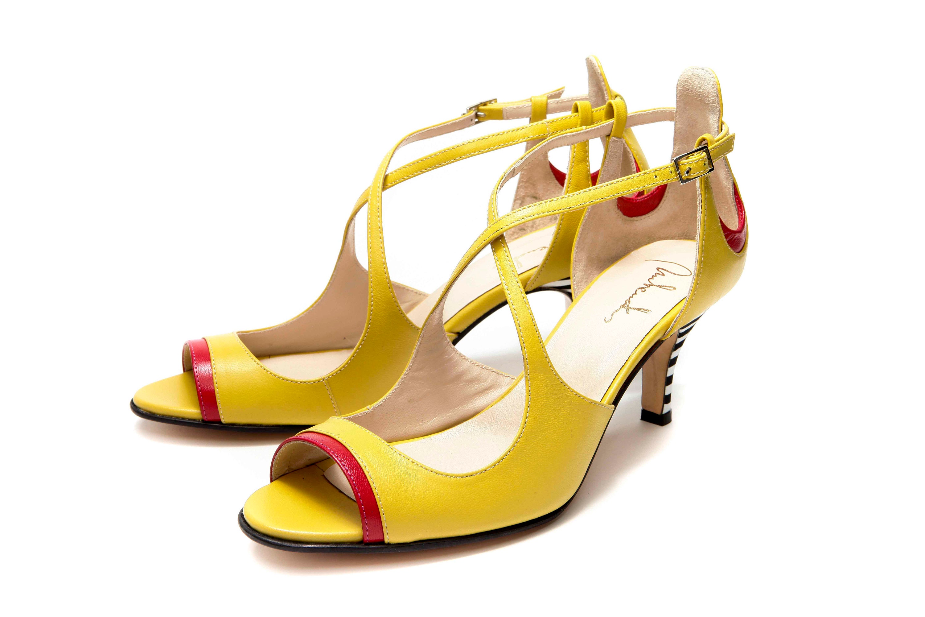 Yellow mid heel open toe sandals Criss cross sandals | Etsy