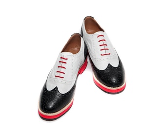 Handmade Oxford shoes/ Custom shoes/ Womens Brogues/ Black&White Oxfords/ Flat shoes/ Comfortable shoes/ unique shoes/ Red sole shoes