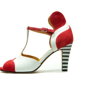 Sandales peep toe rouges/ Sandales en cuir à talons hauts/ Chaussures pour femmes/ Chaussures de mariage rouges et blanches/ Bride en T/ Sandales faites main/ LIVRAISON GRATUITE