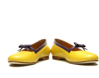 Yellow leather ballet flats/ Bow ballet flats/ Slip on boho shoes/ Yellow pumps/ Yellow shoes/ Weeding flats/ Bow bridal flats/ custom shoes