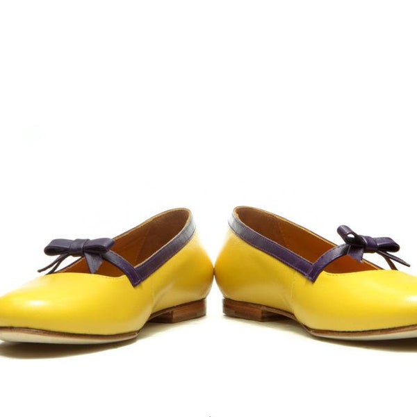 Yellow leather ballet flats/ Bow ballet flats/ Slip on boho shoes/ Yellow pumps/ Yellow shoes/ Weeding flats/ Bow bridal flats/ custom shoes