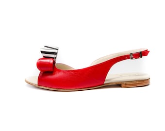 Red leather slingback open toe sandals flats embellished with double bow/ Summer flats/ Wedding D'orsay flat shoes/ Bridal flats
