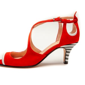 Sandales à lanières à bout ouvert à talon mi-rouge faites à la main, chaussures à talons chaton pour femmes, sandales à bride à la cheville élégantes, talons, chaussures d'été