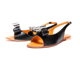 Black Sandals flats, Leather sandals, Handmade sandals women's, Black sandals flats, Double bow shoes, Slingback sandals, FREE SHIPPING