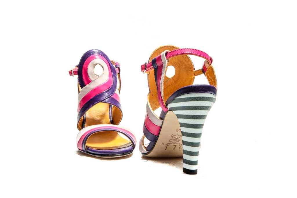 STRAPPY HIGH-HEELED SANDALS IN RED STUDDED WAX-OIL SHEEPSKIN