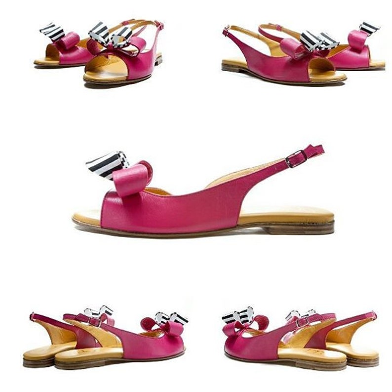 Pink handmade open toe slingback leather bow sandals flats/ Summer flats/ Wedding D'orsay flat shoes/ Bridal flats/ Comfortable shoes image 9