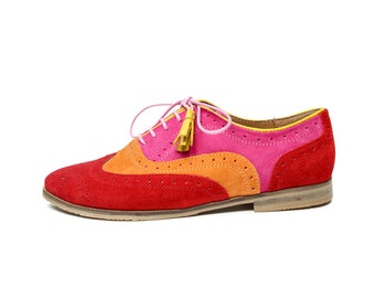 Pointed toe red oxford shoes for women/ handmade suede oxford shoes/ Pastel color flat shoes/ Comfortable shoes/ unique shoes