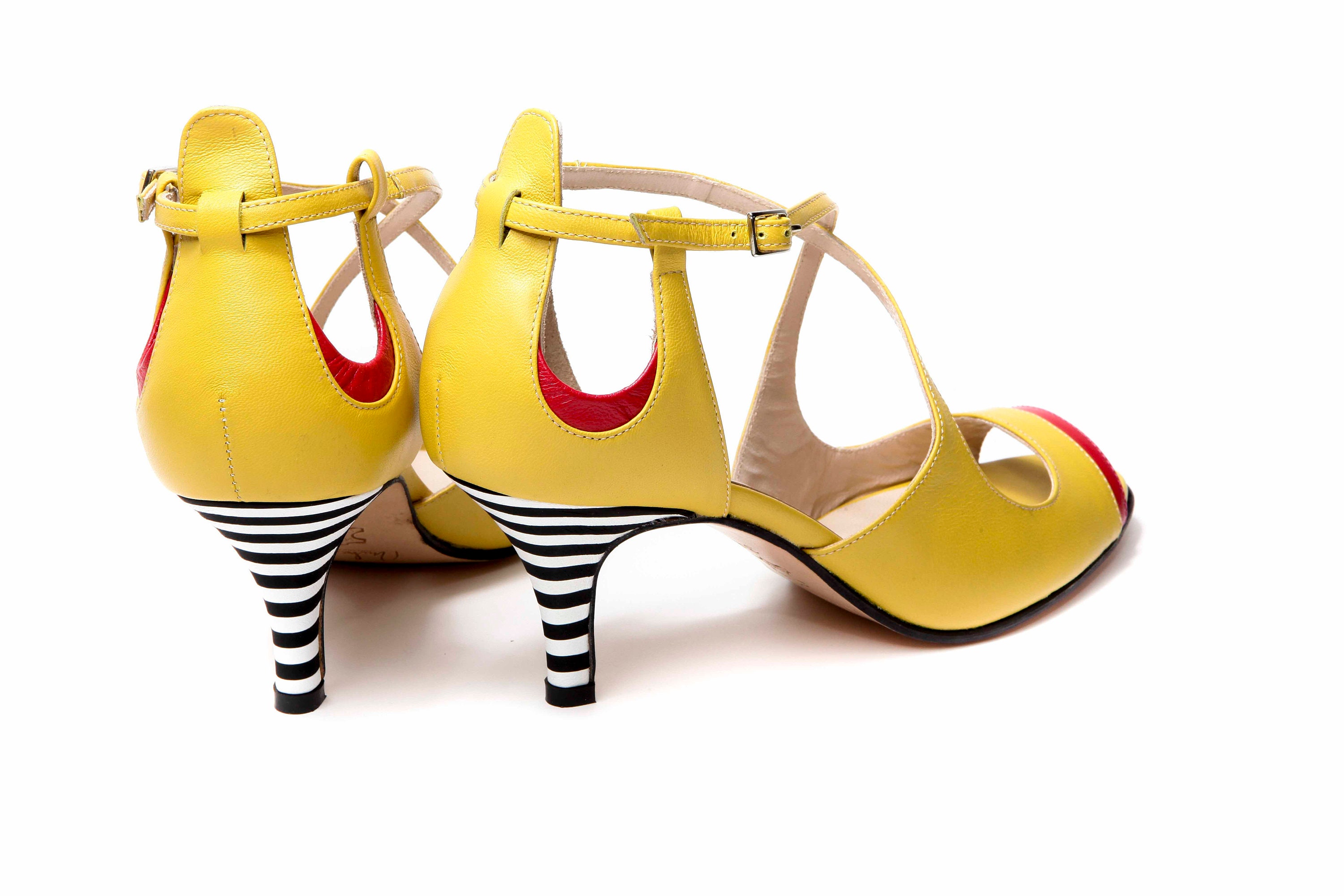 Yellow Mid Heel Open Toe Sandals, Criss Cross Sandals, Handmade Kitten ...