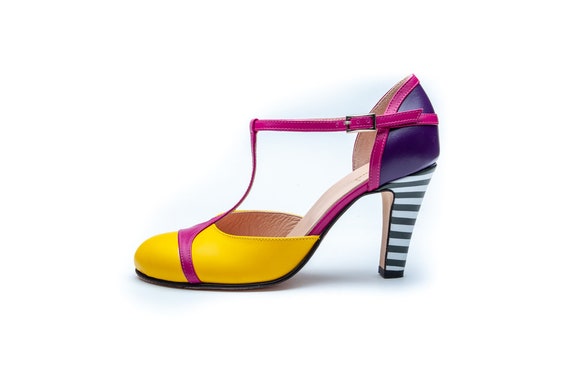 Colorblock Handmade Women s Shoes Dorsay T bar Strap Heels Pumps High Heels Red Yellow Black Pink FREE SHIPPING Etsy