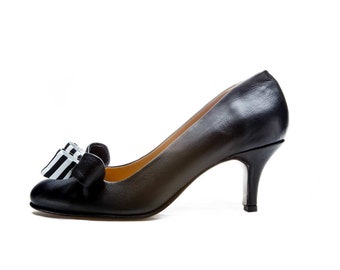 Black bow mid heel shoes/ Black Stilettos/ Bridal low heels/ Handmade black midi pumps/ Double bow shoes/ Womens shoes