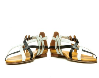 SAMPLE SALE/ SIZE 36/ Black and white criss cross  strappy leather flat sandals/ Boho summer flats/ Ankle strap sandals