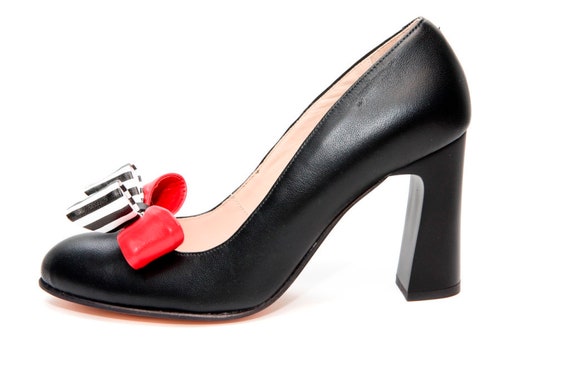 black leather block heel court shoes