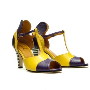 Handmade Purple and yellow peep toe high heel sandals/ T-strap sandals/ Ankle strap shoes/ Leather Women&#39;s shoes/ Summer shoes/ Vintage look
