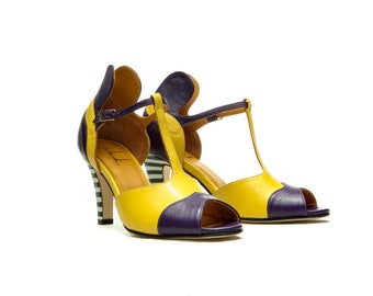 Handmade Purple and yellow peep toe high heel sandals/ T-strap sandals/ Ankle strap shoes/ Leather Women's shoes/ Summer shoes/ Vintage look