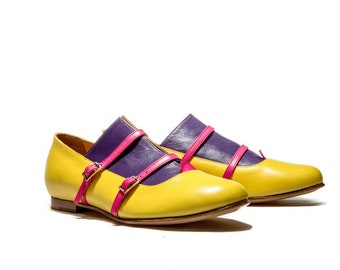Handmade ballet flats/ Women's Oxford shoes/ Women's monk shoes/ Leather flats/ Everyday shoes/ Buckle up shoes/ yellow flats/ FREE SHIPPING