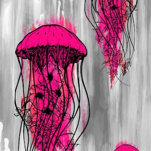May include: Digital art print showing three jellyfish in bright pink and black against a grey and white backdrop. The jellyfish are decorated with floral designs and long, flowing tentacles, creating a striking contrast.