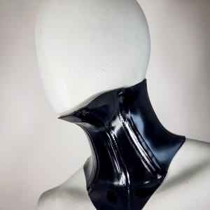 May include: A black leather choker with a glossy finish and a center seam.
