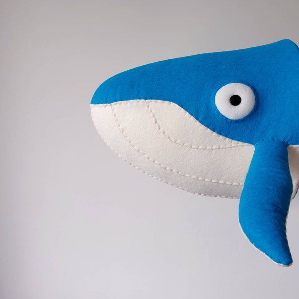 WHALE - Faux Taxidermy - Felt Wall Mounted Animal Head - bright blue - Waldo Whale - sea theme wall decor