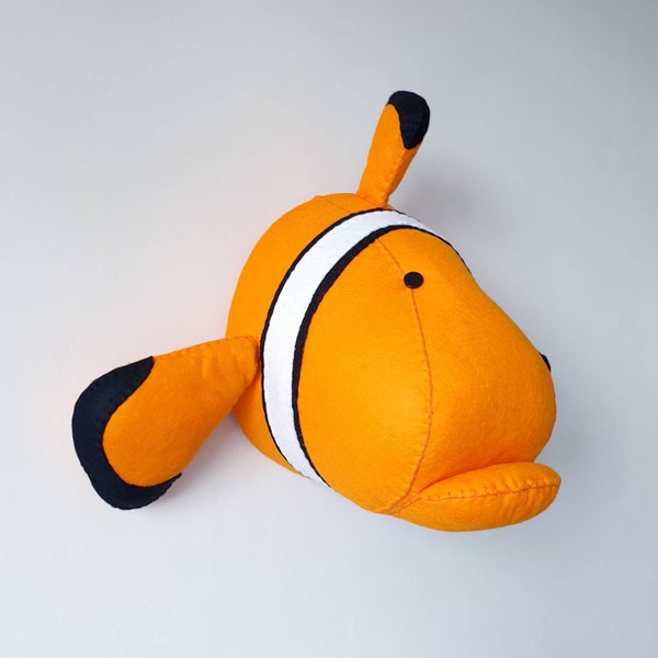 CLOWNFISH - Faux Taxidermy fish - Felt Wall Mounted Animal Head - Cornelius Clownfish - orange - sea theme wall decor.