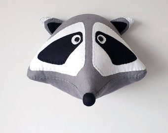 RACCOON - Faux Taxidermy - Felt Wall Mounted Animal Head - Rocky Raccoon - grey - wall decor.