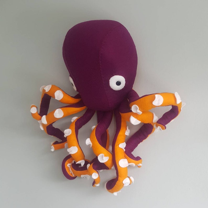 wall decor. Faux Taxidermy Felt Wall Mounted Animal Head OCTOPUS Orlando Octopus Purple and Orange
