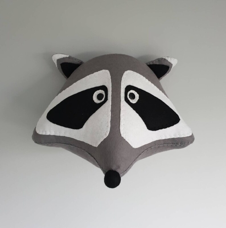 grey wall decor. Felt Wall Mounted Animal Head RACCOON Rocky Raccoon Faux Taxidermy