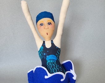 Wild Swimmer textile soft sculpture art doll ornament. ELEANOR