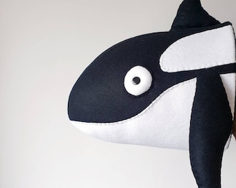 ORCA WHALE - Faux Taxidermy - Felt Wall Mounted Animal Head - black killer whale - Oliver Orca - sea theme wall decor