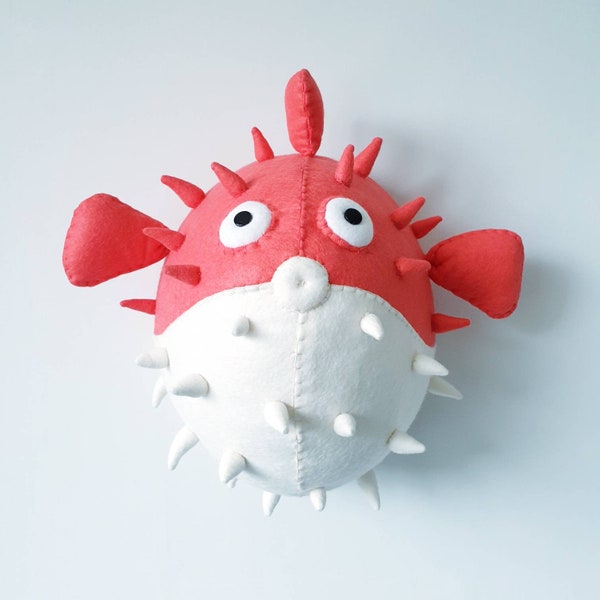 PUFFERFISH - Faux Taxidermy fish - Felt Wall Mounted Animal Head - Perriwinkle Pufferfish - coral sea theme wall decor.