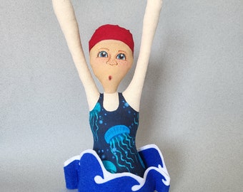 Wild Swimmer textile soft sculpture art doll ornament. ESME