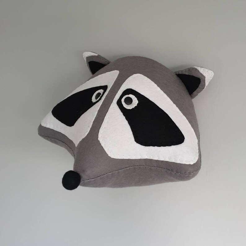 grey wall decor. Felt Wall Mounted Animal Head RACCOON Rocky Raccoon Faux Taxidermy