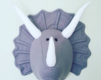 TRICERATOPS - Faux Taxidermy Dinosaur - Felt Wall Mounted Animal Head - Light Grey Tiberius Triceratops - dino theme room decor