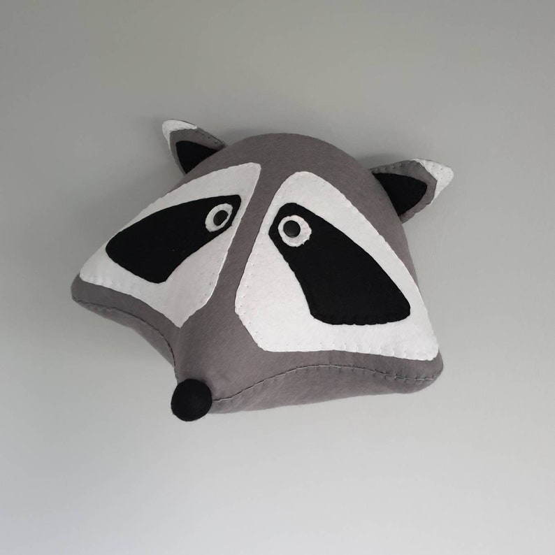 grey wall decor. Felt Wall Mounted Animal Head RACCOON Rocky Raccoon Faux Taxidermy